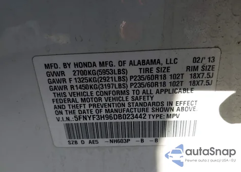 2013 Honda Pilot Touring from USA, damaged, VIN 5FNYF3H96DB023442